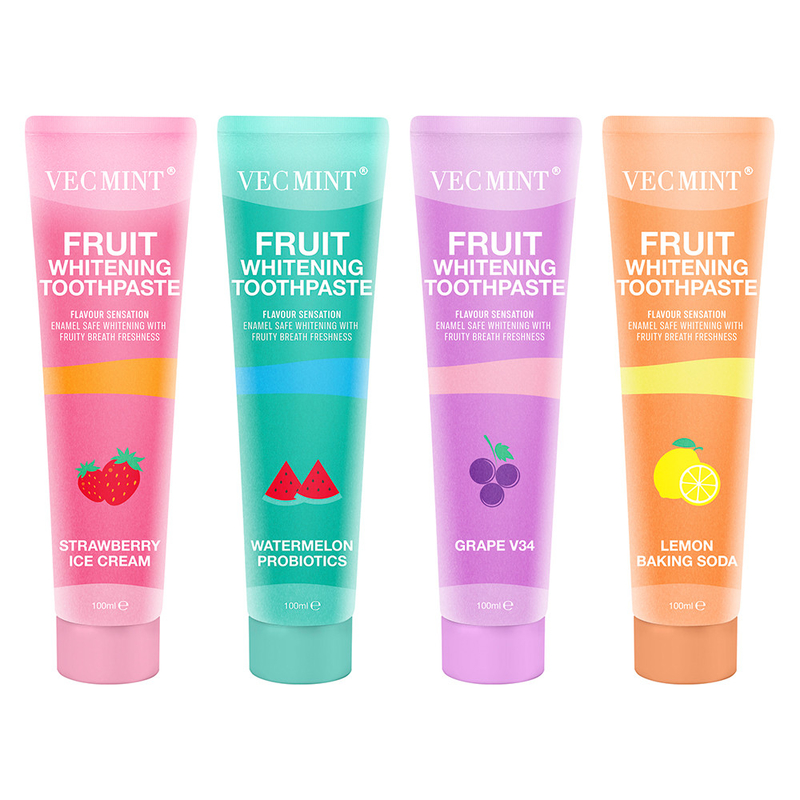 Vecmint 100ml Frutas - Con sabor de blanqueamiento de pasta de dientes - 4 deliciosos sabores, esmalte - Blanqueamiento seguro y frescura de frutas