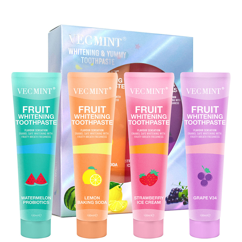 Vecmint 100ml Frutas - Con sabor de blanqueamiento de pasta de dientes - 4 deliciosos sabores, esmalte - Blanqueamiento seguro y frescura de frutas