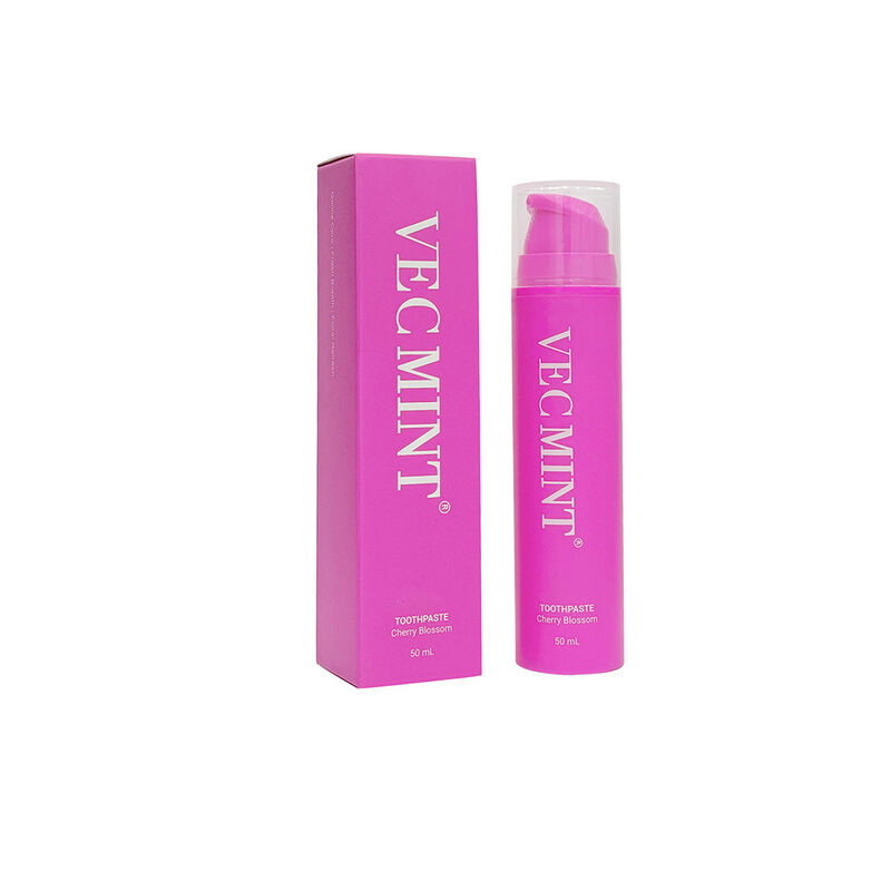 VECMINT Cherry Blossom pasta dental 50mL - diseño de botella de bomba pasta de cuidado oral libre de fluoruro para dientes suaves limpio y aliento fresco